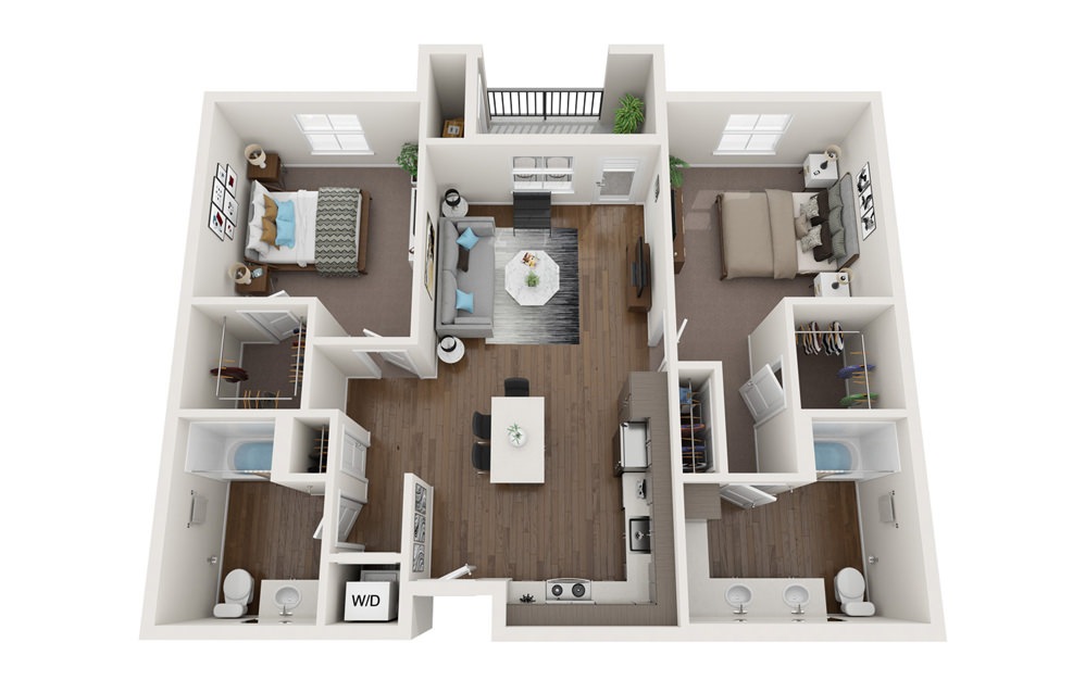 2A - 2 bedroom floorplan layout with 2 baths and 1057 square feet.