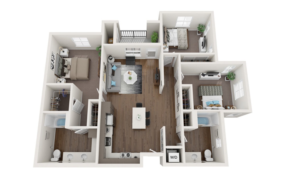 3A - 3 bedroom floorplan layout with 2 baths and 1192 square feet.